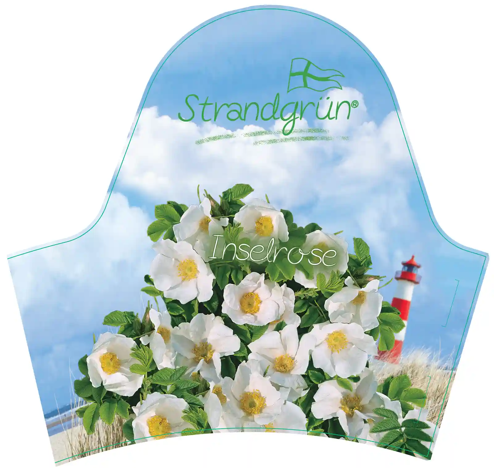 Pflanzenetikett Inselrose mit weißen Blüten und maritimer Gestaltung.