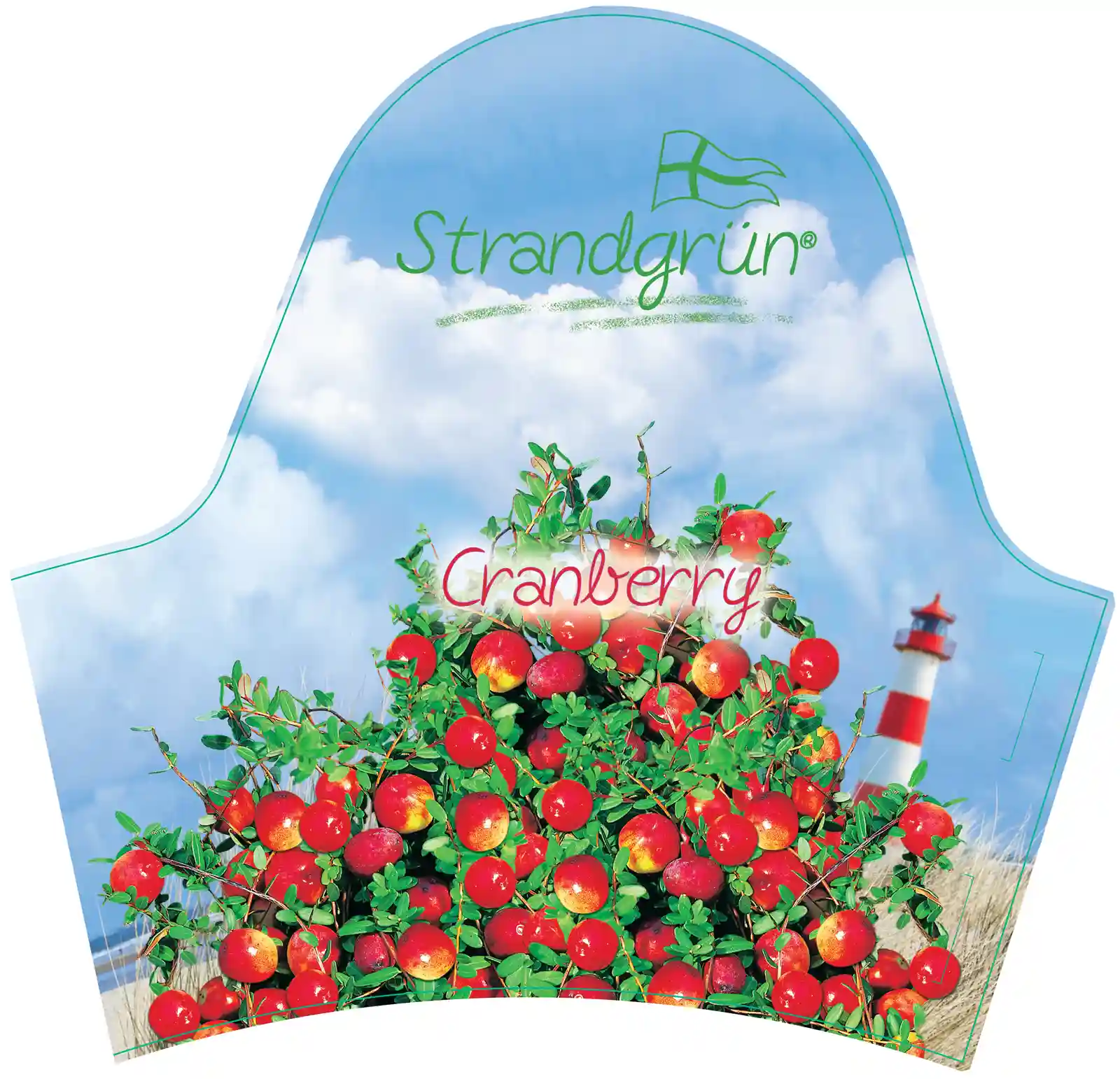 Pflanzenetikett Cranberry mit roten Früchten und blauer Hintergrundgestaltung.