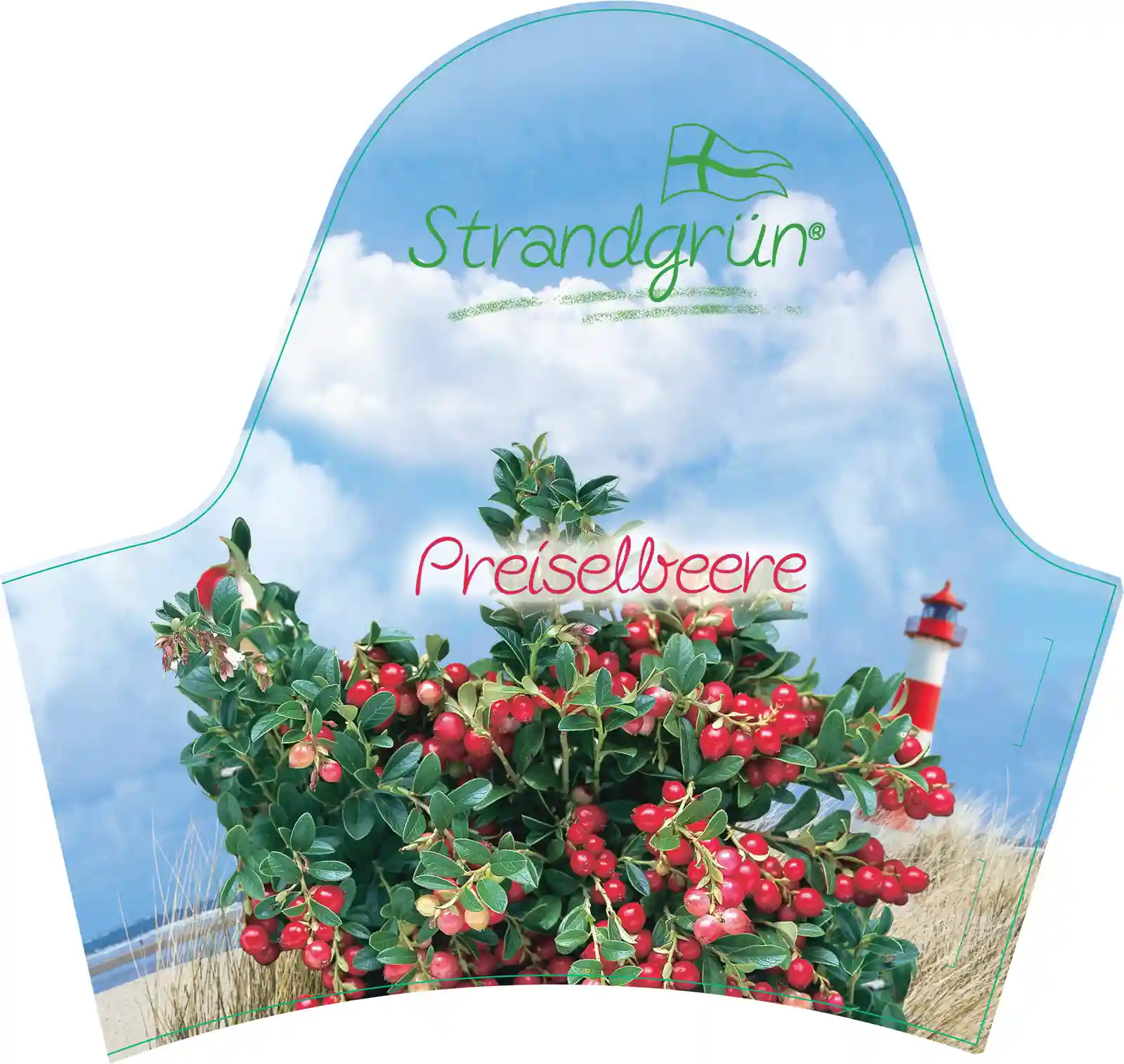 Pflanzetikett Preiselbeere mit Früchten und Naturmotiv.