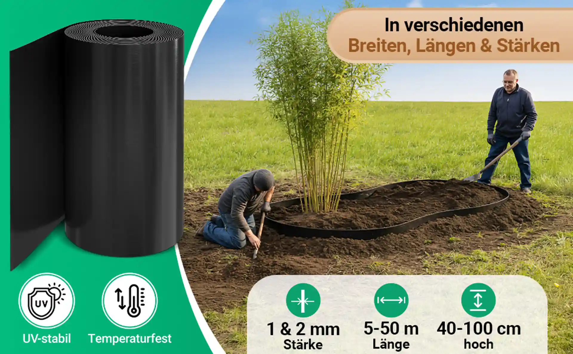 Wurzelsperren in verschiedenen Breiten, Längen und Stärken-