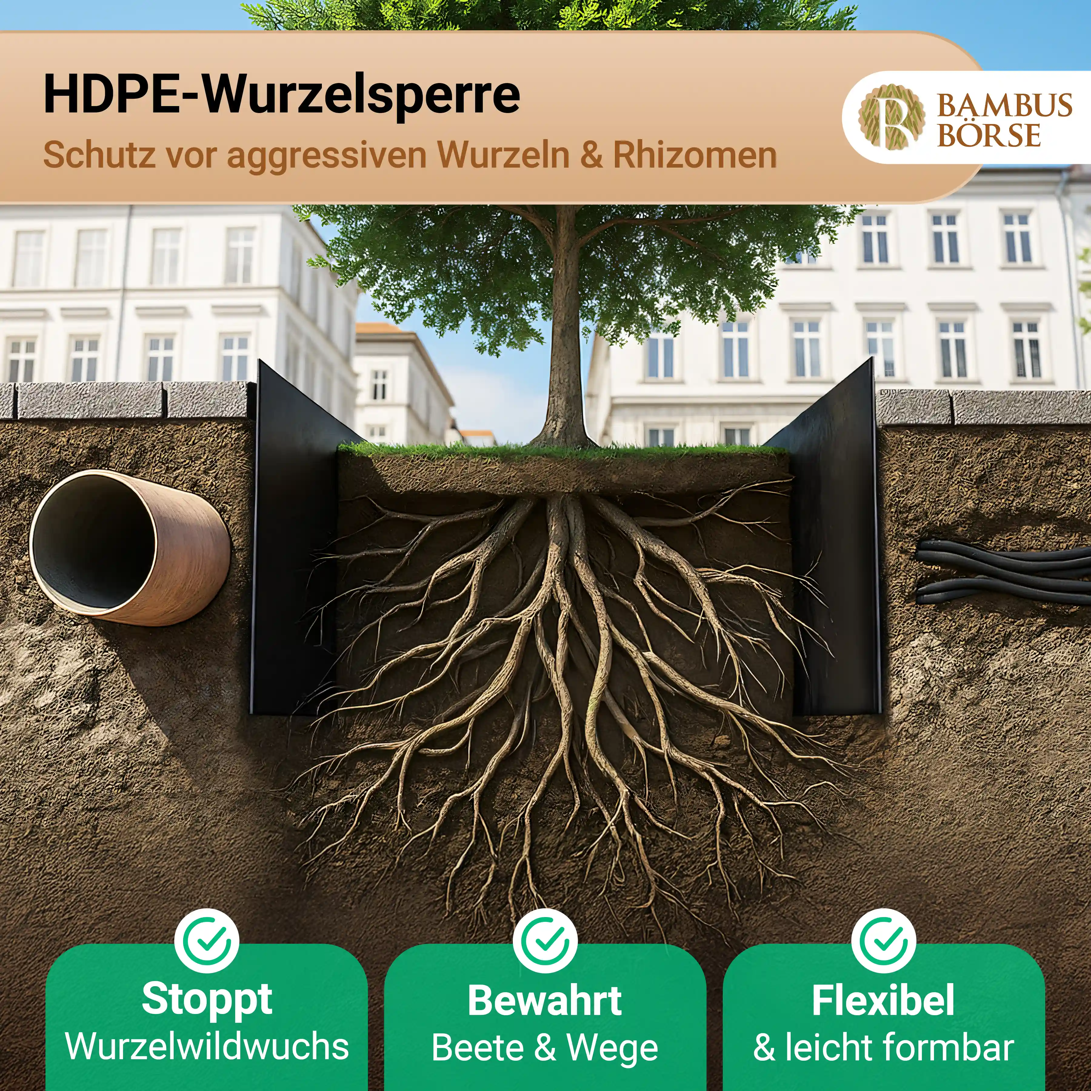 HDPE-Folie schützt vor aggressiven Wurzeln und Rhizomen