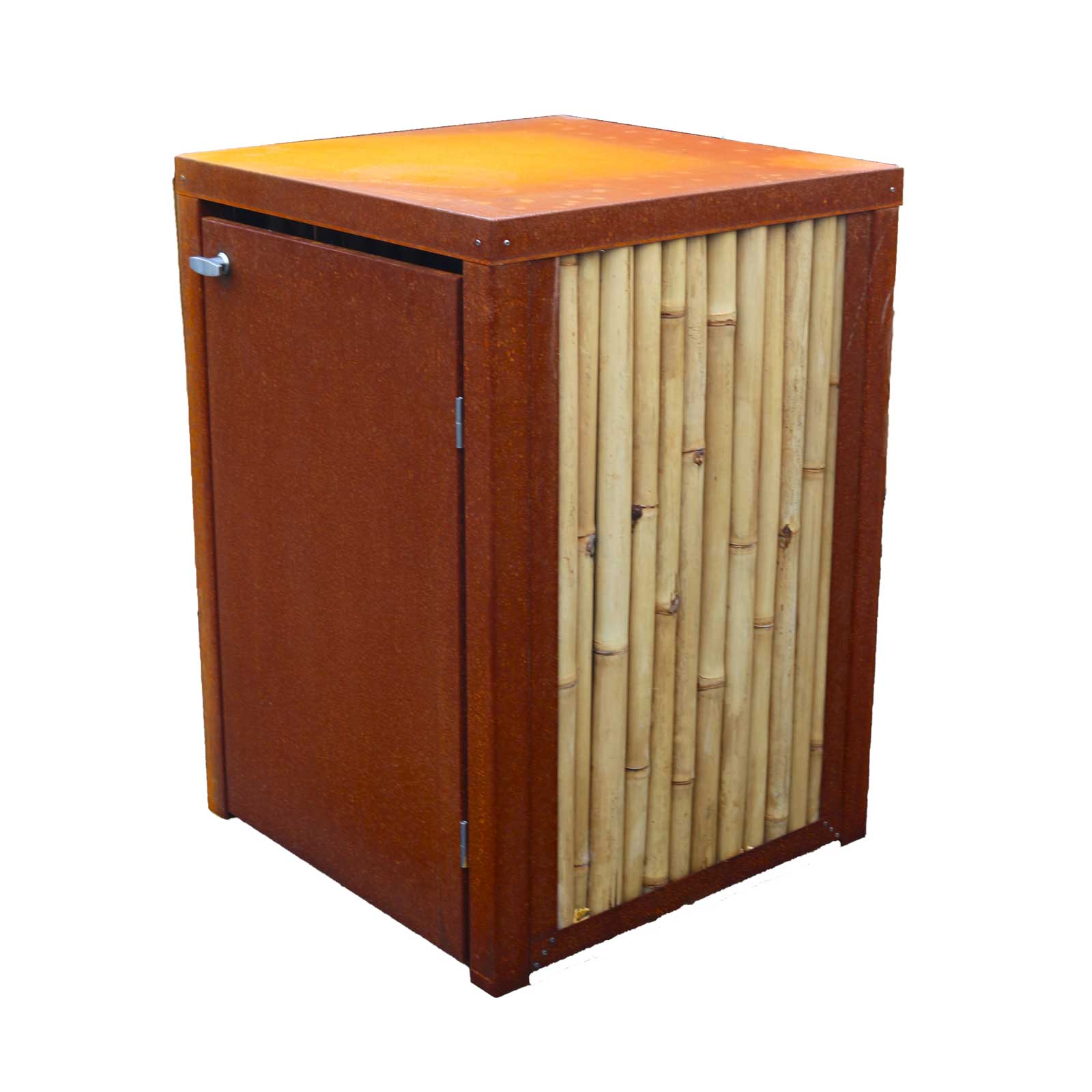 Mülltonnenbox aus Cortenstahl und Bambus