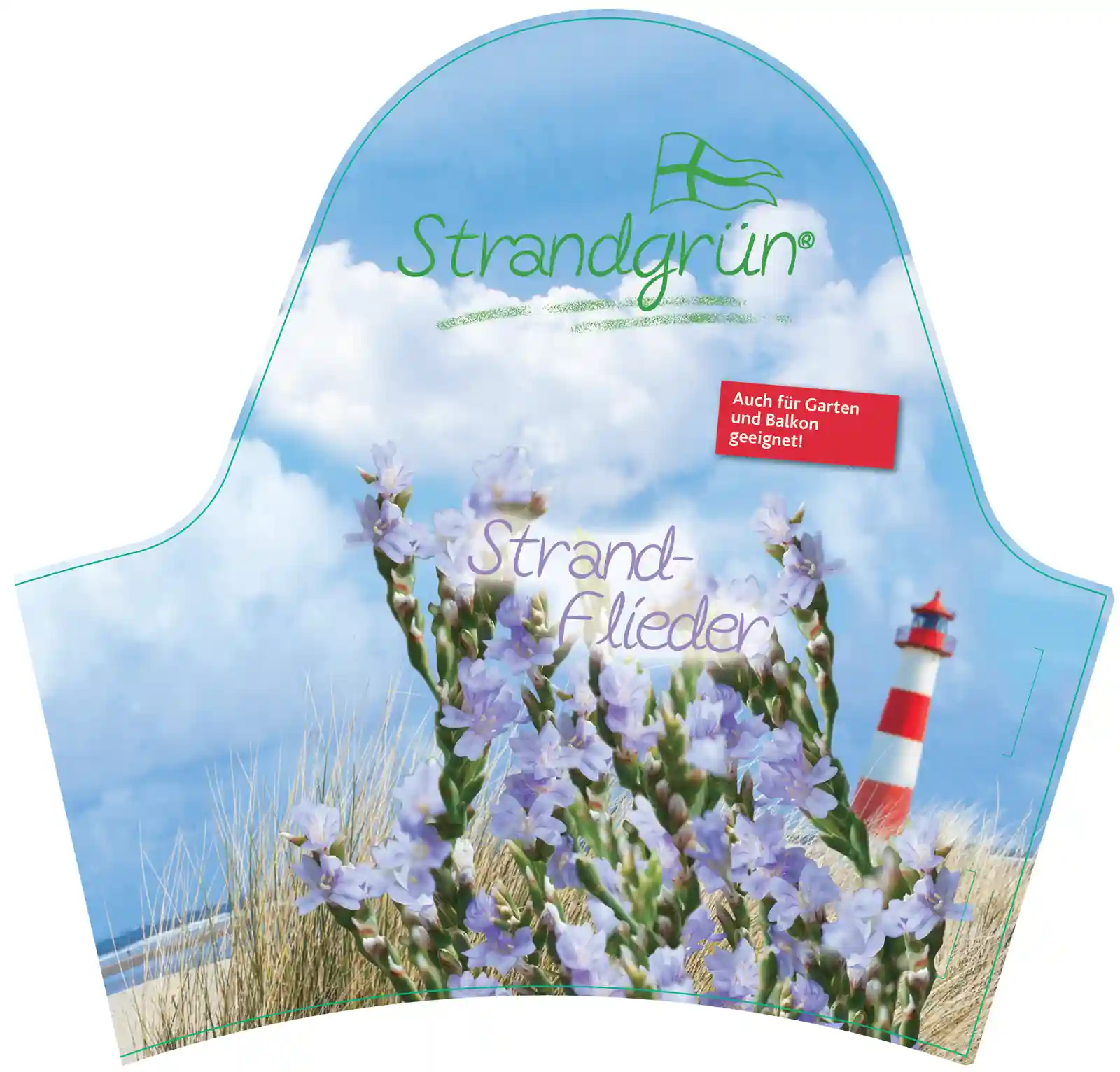 Pflanzenetikett Strandflieder mit violetten Blüten vor maritimer Szenerie.