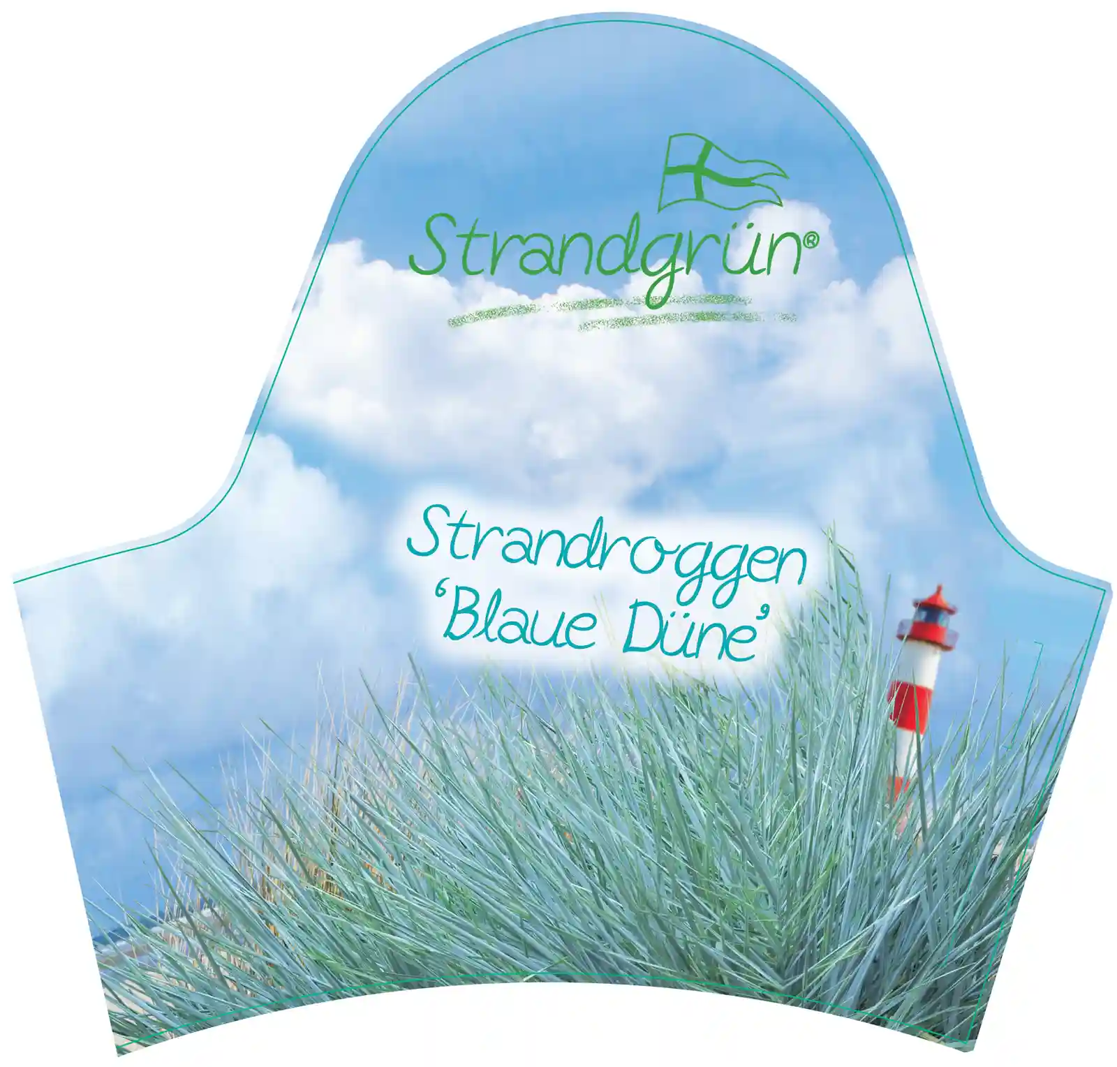 Pflanzenetikett Strandroggen Blaue Düne mit kräftigen Halmen und maritimer Hintergrundgestaltung.